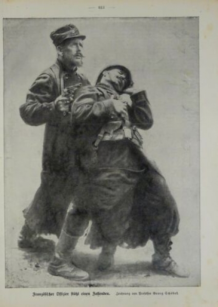 1917 - alter Druck - Französischer Offizier stützt einen Fallenden (Zeichnung von Professor Georg Schöbel)